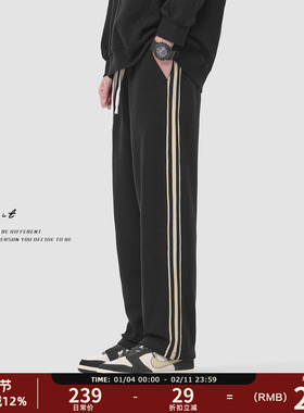 GWIT 冬季重磅奥粒绒直筒拼条撞色运动卫裤保暖加绒加厚休闲裤男