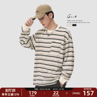 圆领条纹长袖 复古潮牌体恤春秋内搭上衣情侣打底衫 T恤男 美式 GWIT