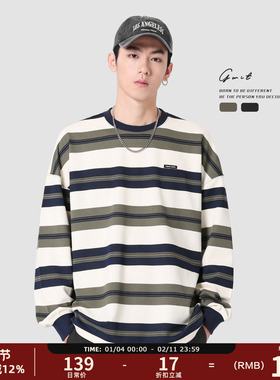 GWIT 春秋新款美式潮牌体恤内搭上衣情侣打底衫圆领条纹长袖T恤男