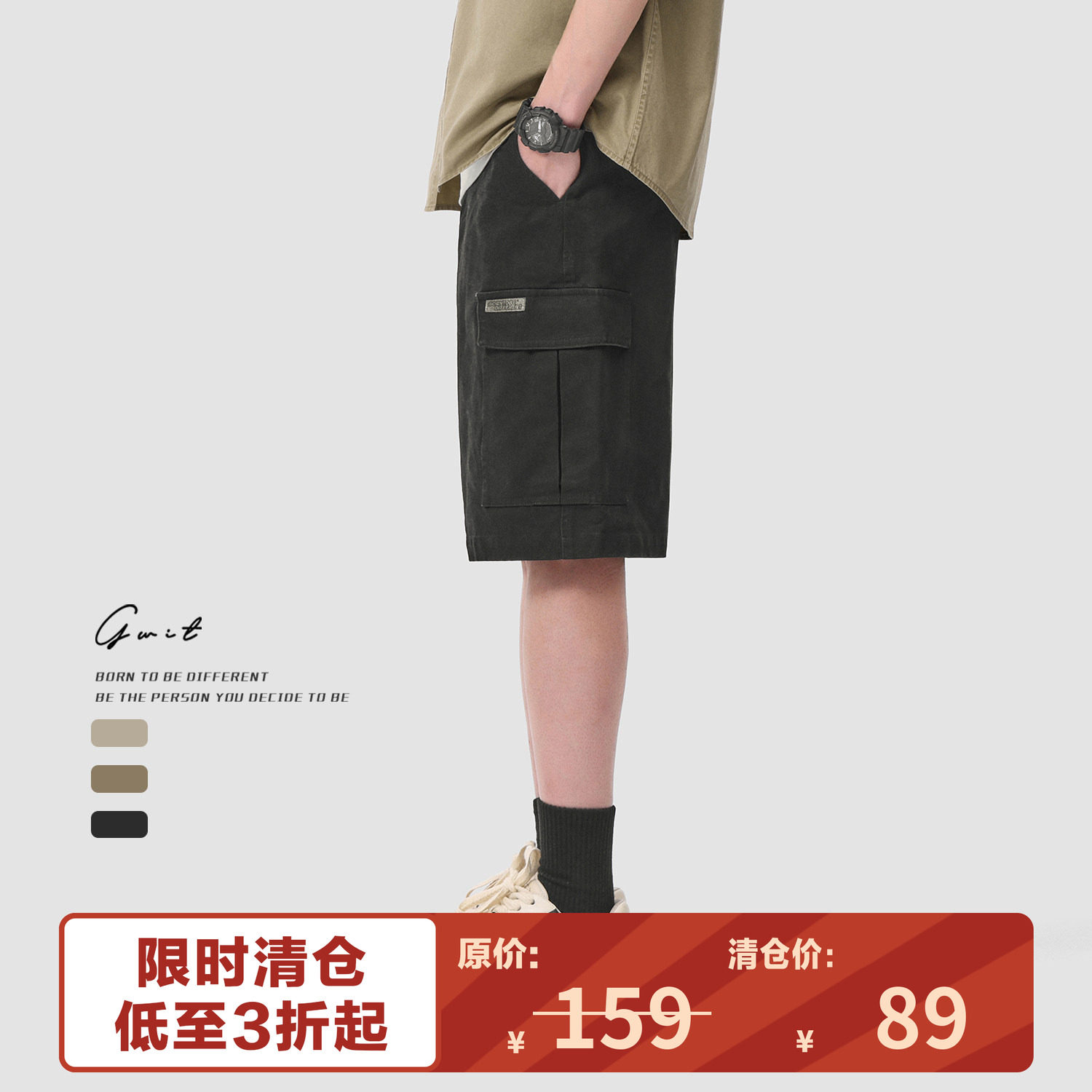 【福利清仓】GWIT美式重工复古水洗做旧夏季中裤五分工装短裤男图片