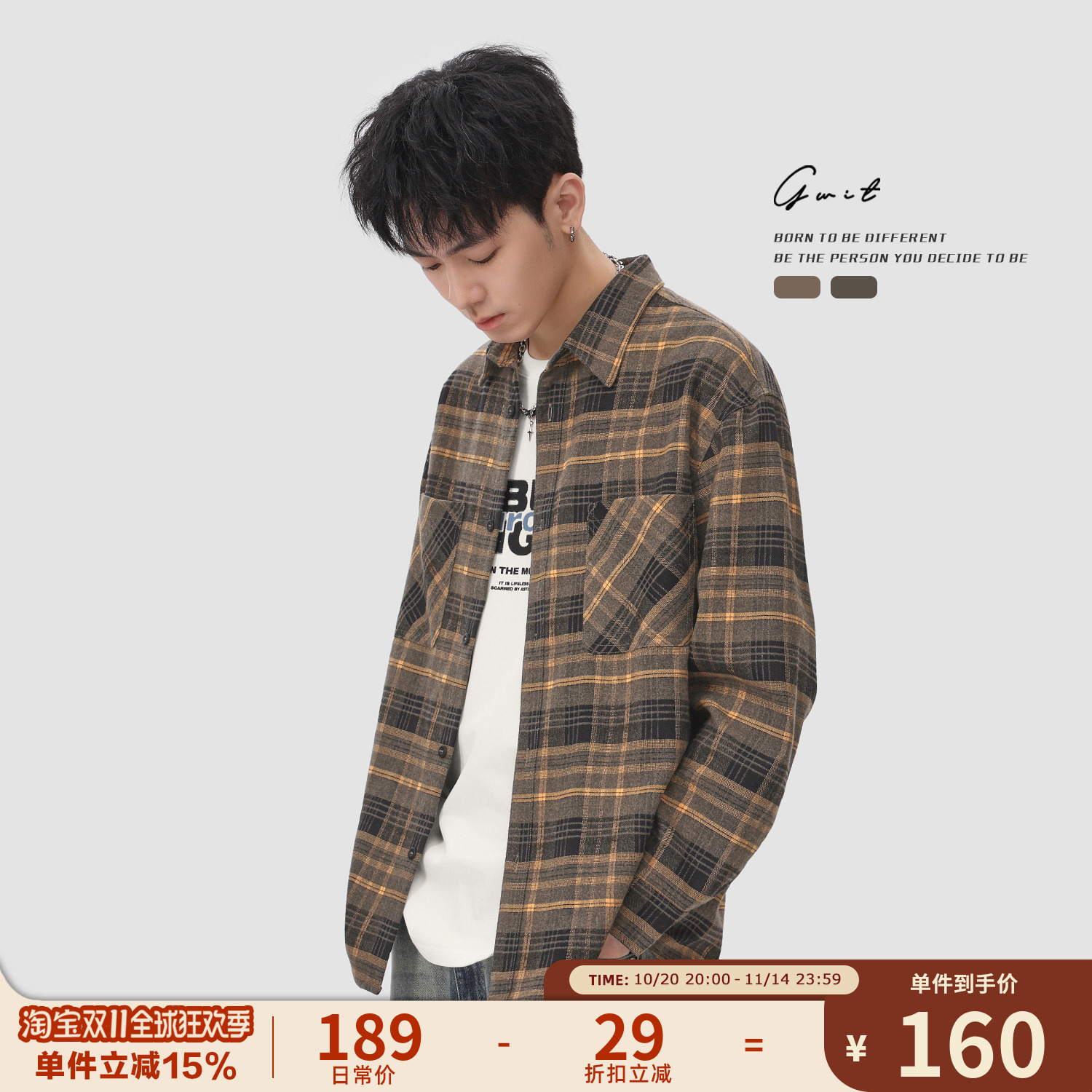 GWIT复古寸衫外套衬衣格子衬衫男