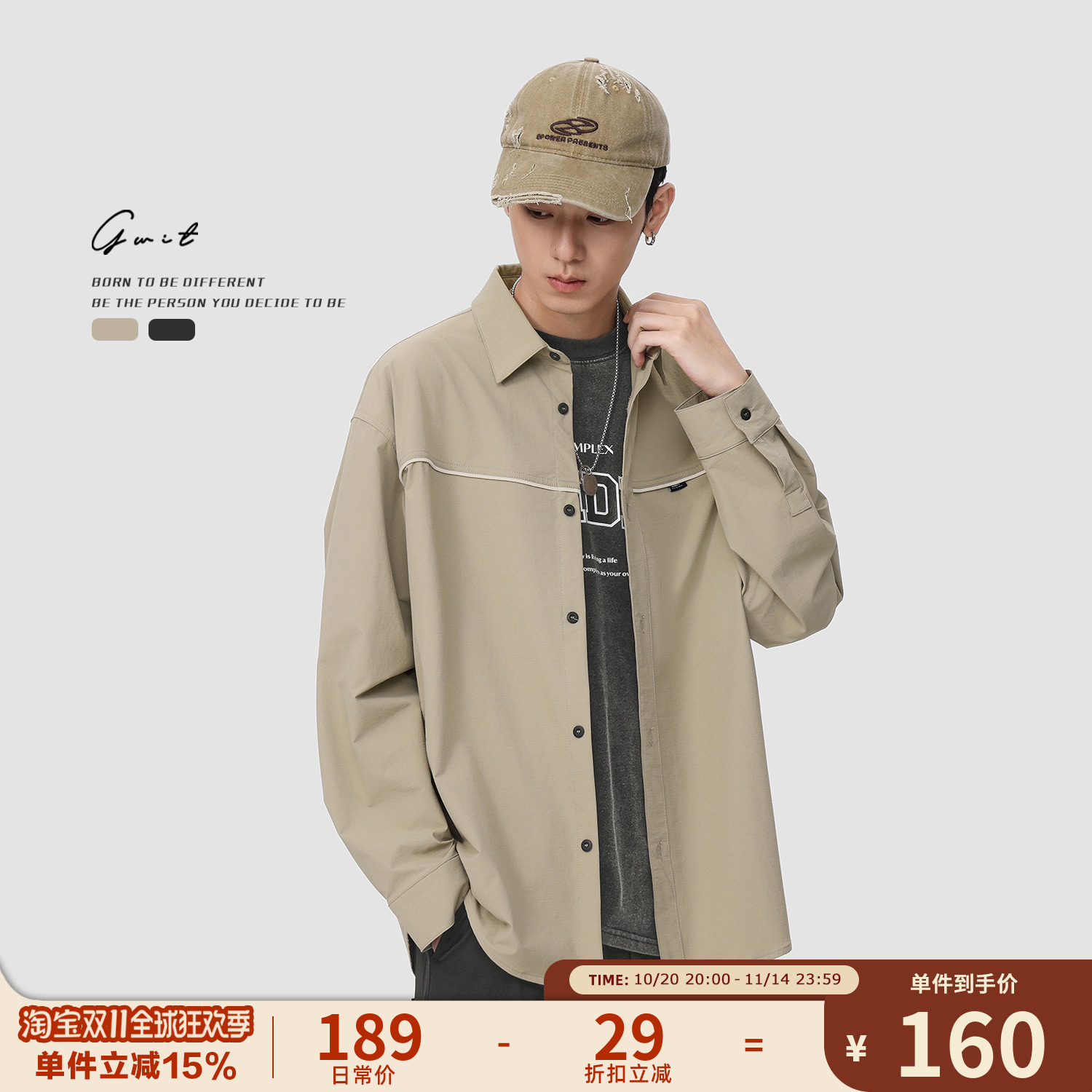 GWIT 美式潮牌高街复古上衣寸衫外套春秋长袖工装衬衣休闲衬衫男