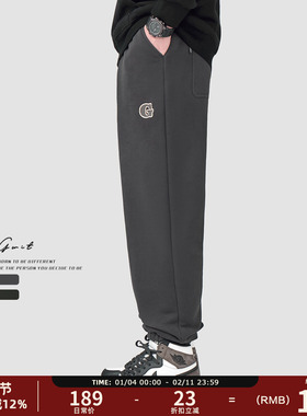 GWIT 420g美粒绒 冬季保暖潮牌宽松休闲加绒加厚束脚运动卫裤男