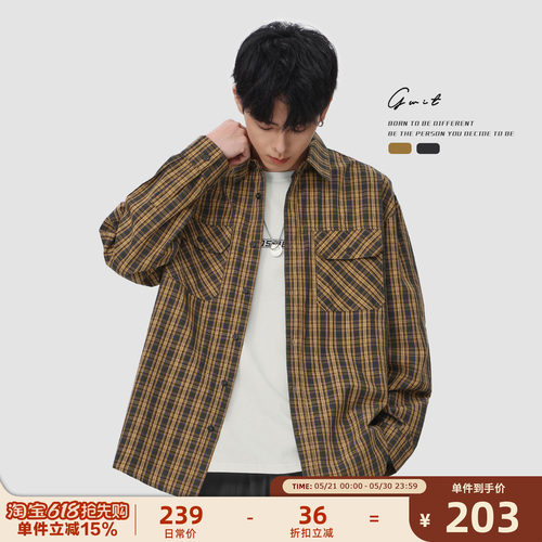 GWIT 美式复古cleanfit寸衫外套春秋长袖衬衣上衣休闲格子衬衫男