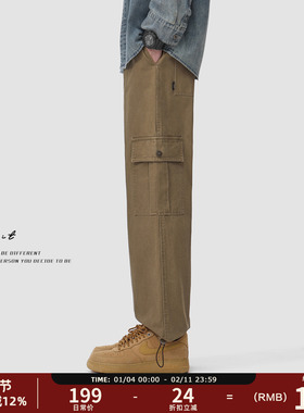 GWIT 美式休闲重磅cargo春秋美拉德重工水洗做旧抽绳束脚工装裤男