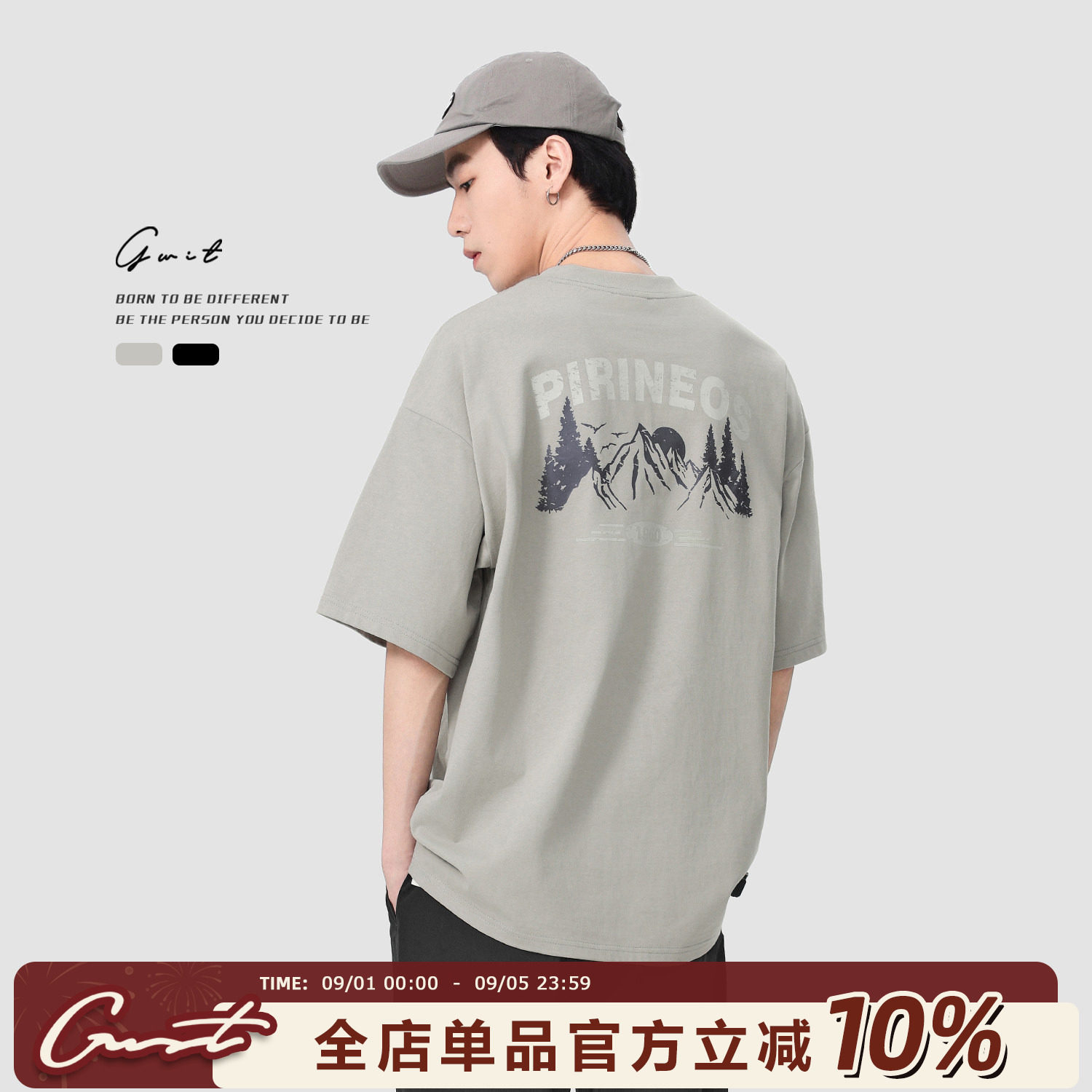 GWIT 美式复古重磅山脉印花夏季潮流体恤半袖潮牌纯棉短袖T恤男图片
