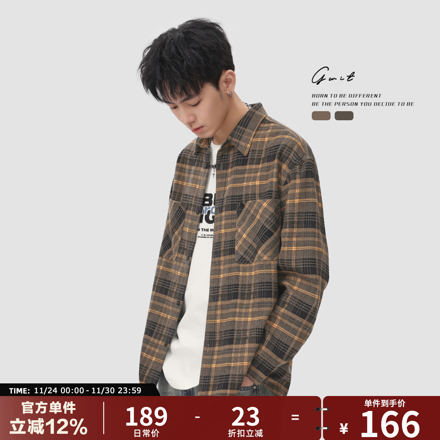 GWIT复古寸衫外套衬衣格子衬衫男