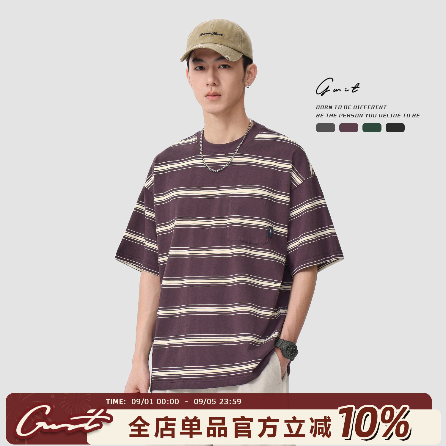 GWIT美式复古条纹夏季短袖T恤男图片