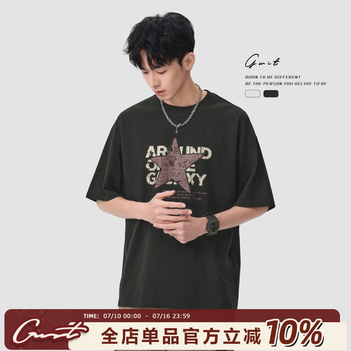 GWIT重磅复古印花夏季纯棉T恤男