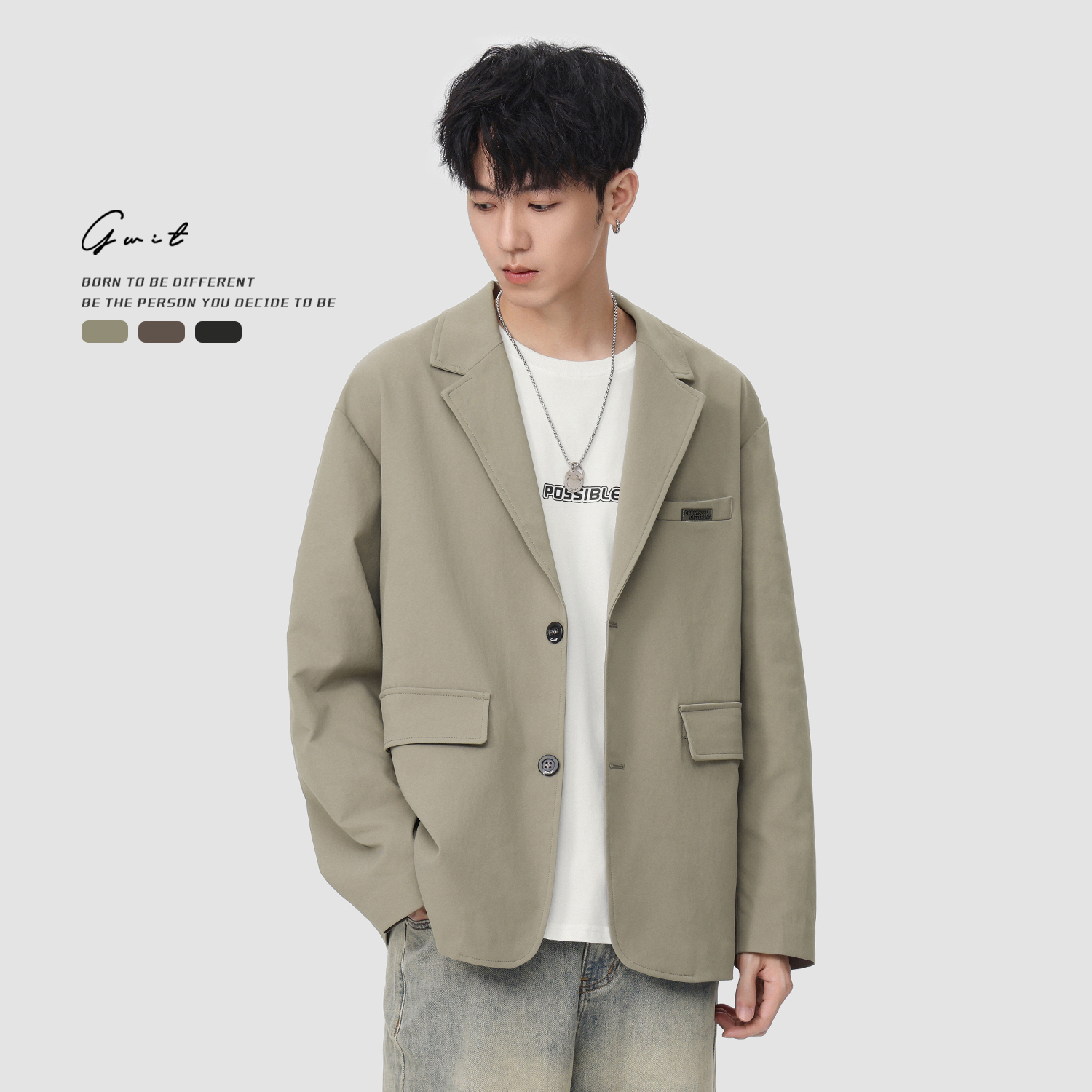 GWIT 高级感复古廓形垂感抗皱痞帅上衣春秋西装外套休闲小西服男