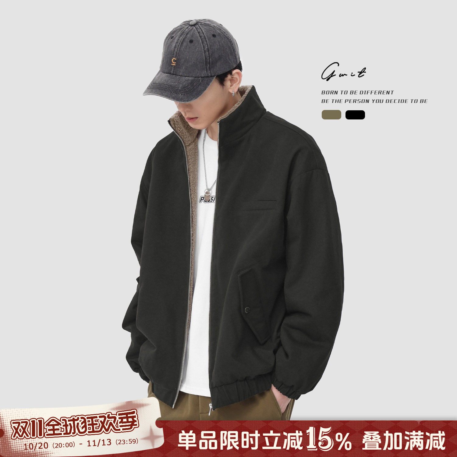 GWIT 美式复古cleanfit冬季加厚保暖夹克潮牌羊羔毛工装外套男