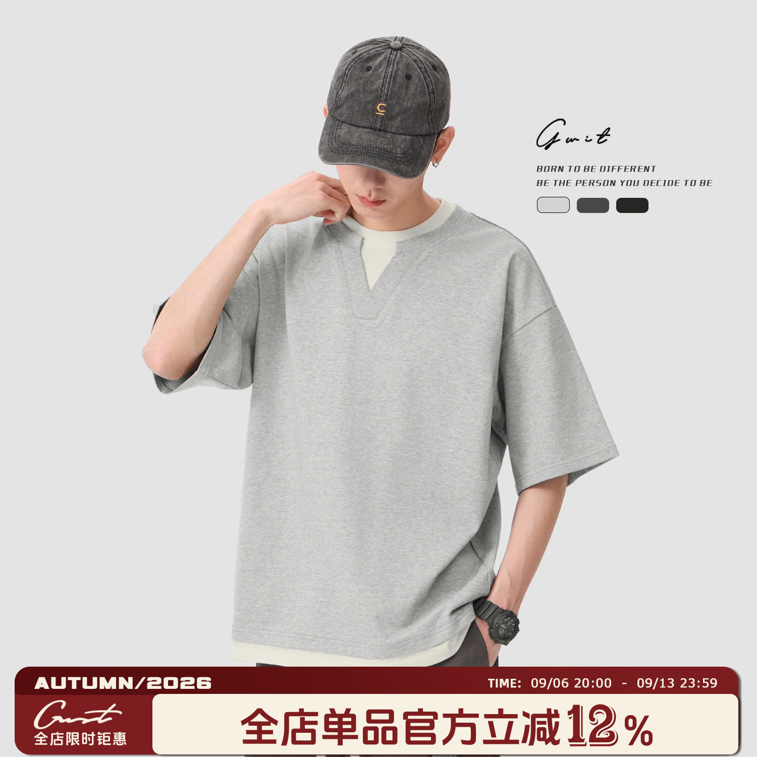 GWIT美式假两件半袖纯棉短袖T恤										