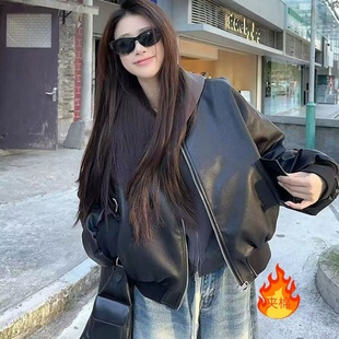 夹克上衣棒球服 长袖 美式 高街机车风立领pu皮衣外套女秋冬宽松短款