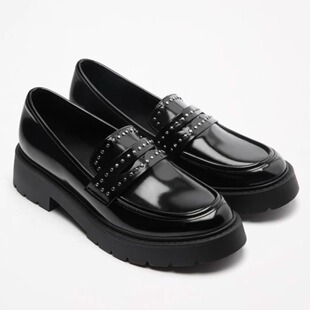 增高乐福女鞋铆钉粗跟外贸原单时尚休闲鞋单鞋小众一脚蹬时尚百搭