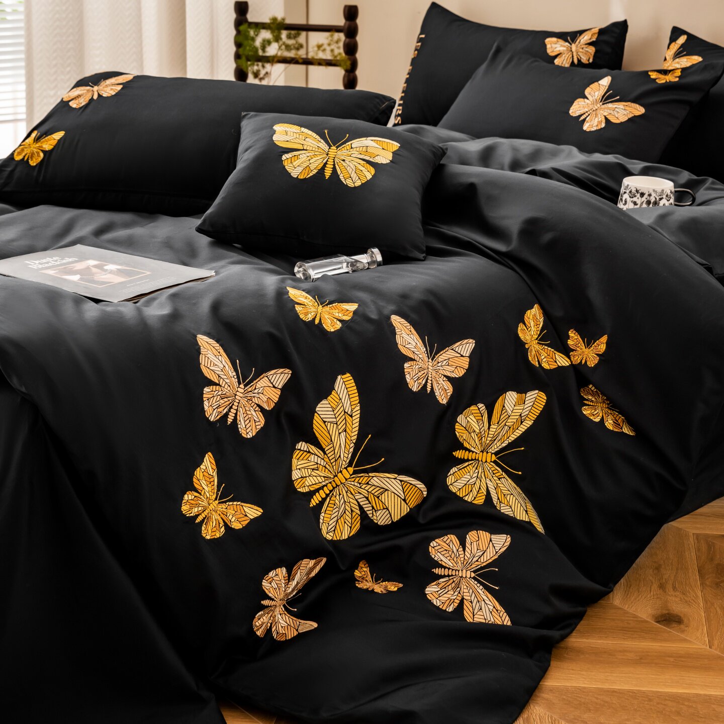 欧美风黑色蝴蝶刺绣长绒棉四件套高端时尚高级感轻奢纯棉床品套件