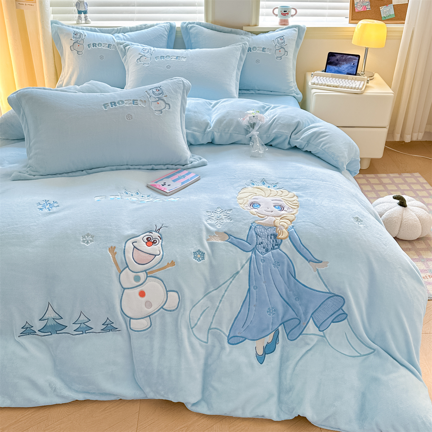 卡通可爱艾莎公主牛奶绒四件套儿童女孩公主风床单被套冬季三件套