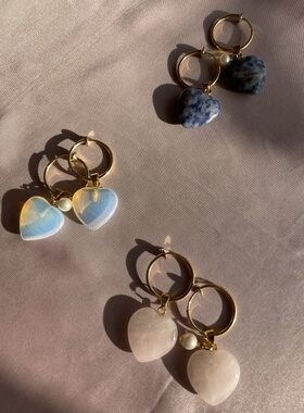 新款HMH天然玉石桃心吊坠复古不对称珍珠法式圆耳环