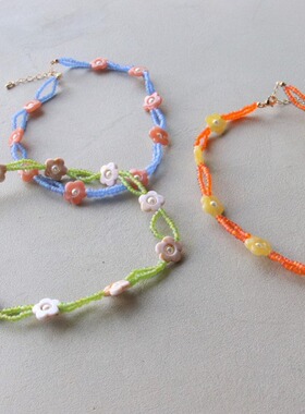 日系手作 可爱晕染亚克力花朵珍珠串珠项链脖链锁骨链