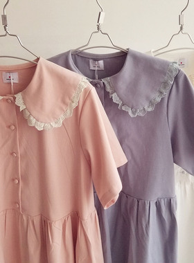 春夏新款MJ超可爱蕾丝花边娃娃领宽松中长款短袖弹力麻连衣裙