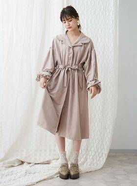 特价！春秋新款MJ可爱翻领腰带宽松连衣裙插兜磨砂绒薄款风衣外套