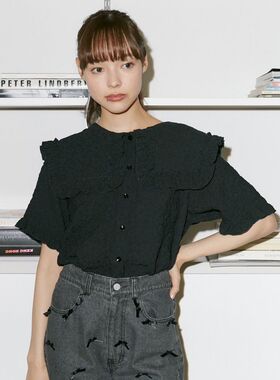 浮雕温柔花朵！夏新款MJ可爱大翻领木耳边短袖针织衬衫上衣