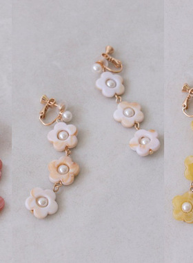 日系手作 2023春夏新款可爱晕染花朵珍珠14K包金耳夹耳环