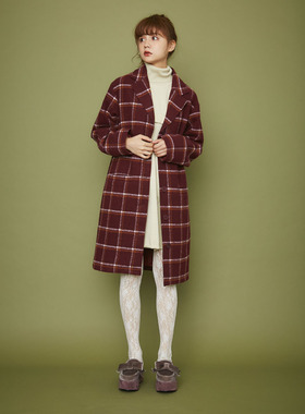 特价！秋冬新款MJ双彩线大格子翻领中长款宽松毛呢大衣外套