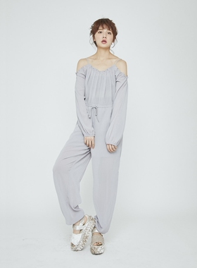 春夏新款MJ雪纺抽褶露肩长袖收口松紧腰系带吊带宽松连体长裤