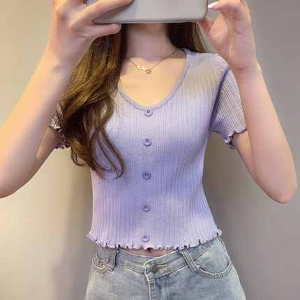短袖女2024年新款夏紫色露脐薄款纯色针织衫韩版女装冰丝T恤上衣