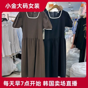棉麻方领泡泡袖 2025夏季 新款 连衣裙 拼色包边A版 大码 韩国代购 女装