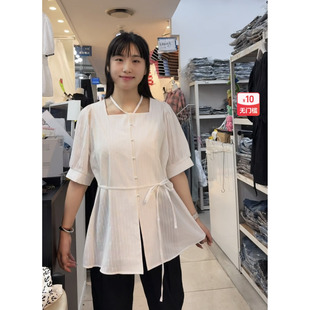 方领泡泡袖 2025夏季 新款 女 收腰系绳绑带设计衬衫 大码 韩国代购 女装