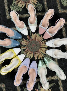 可定制新色系小香风粗花呢 经典复古香奶奶中跟 后空拖鞋 单鞋女