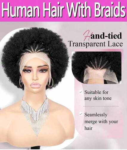 Human hair braided wig with 13x4 frontal Afro curl