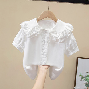 女童短袖衬衫夏天夏装大儿童纯棉白色衬衣T恤6女孩夏季娃娃领上衣