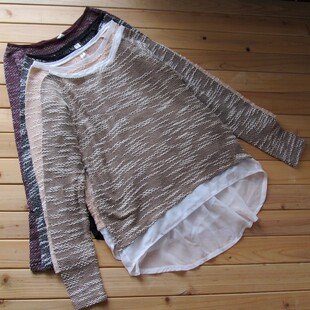 T恤针织衫 长袖 宽松范亚克力棉前短后长燕尾雪纺拼接个性 法国原单