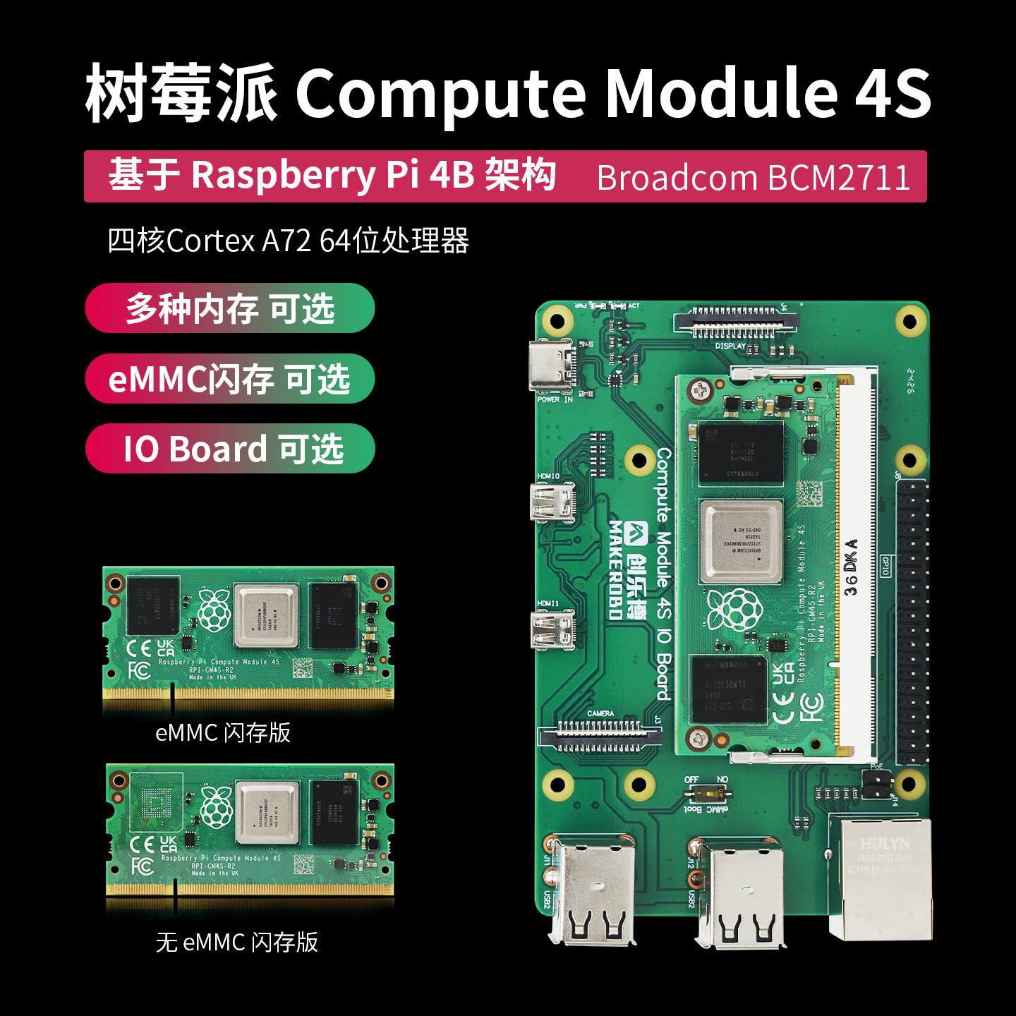 树莓派Compute Module 4S核心板工业级嵌入式主板 CM4S计算模块