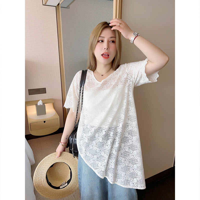 vogana戛纳家大码纯欲风气质宽松镂空蕾丝衫夏不规则下摆上衣,女装/女士精品,大码内搭,淘宝优惠券,粉丝福利购,淘宝优惠卷