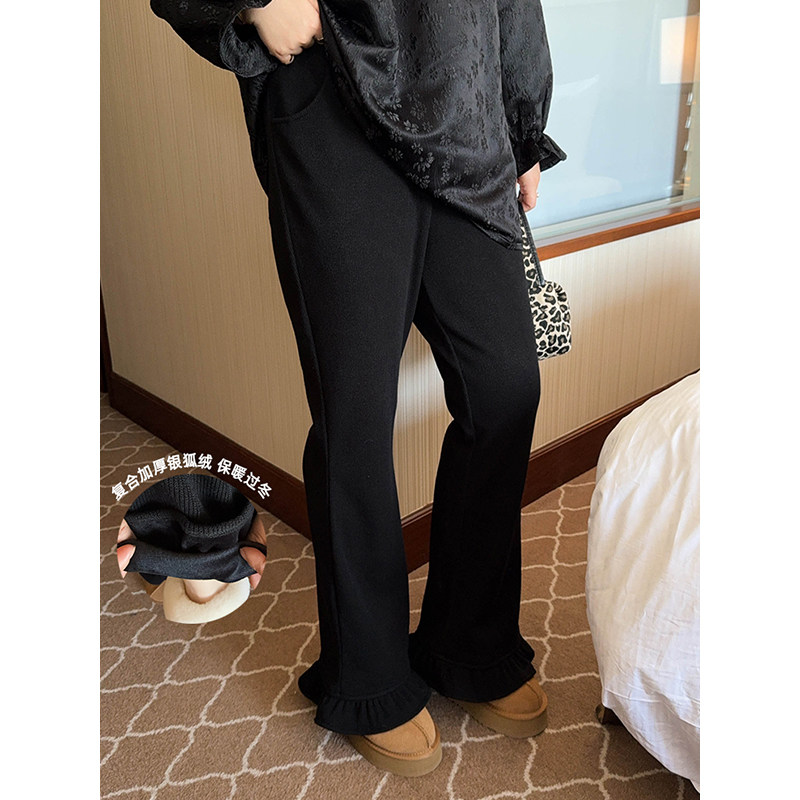 vogana戛纳家大码原创甜美宽松显瘦温暖加厚荷叶边直筒裤显腿长,女装/女士精品,大码裤装,淘宝优惠券,粉丝福利购,淘宝优惠卷