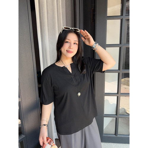 VOGANA戛纳家大码女装休闲松弛主义简约亨利t宽松显瘦舒适短袖t恤