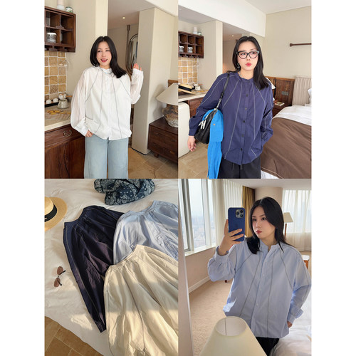 VOGANA戛纳家大码女装韩女老钱简约衬衣春宽松收下摆遮胯衬衫上衣