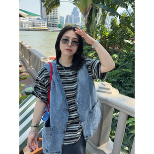 VOGANA戛纳家大码 酷帅时髦复古摩登背心宽松显瘦水洗牛仔马甲 女装