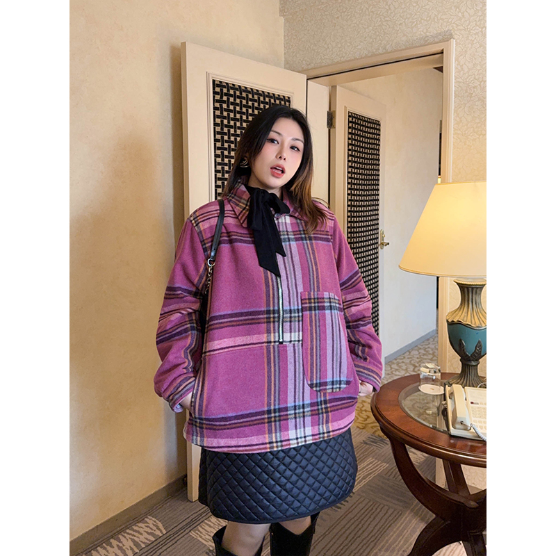 上衣韩系休闲文艺复古格子羊毛呢