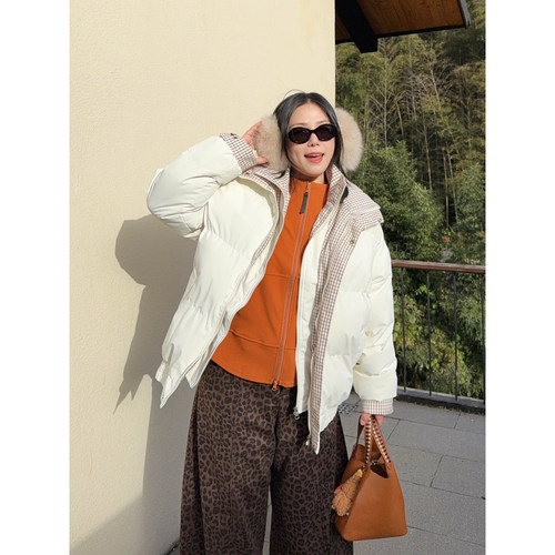 VOGANA戛纳家大码女装时髦解构ins假两件拼接条纹保暖外套棉服冬