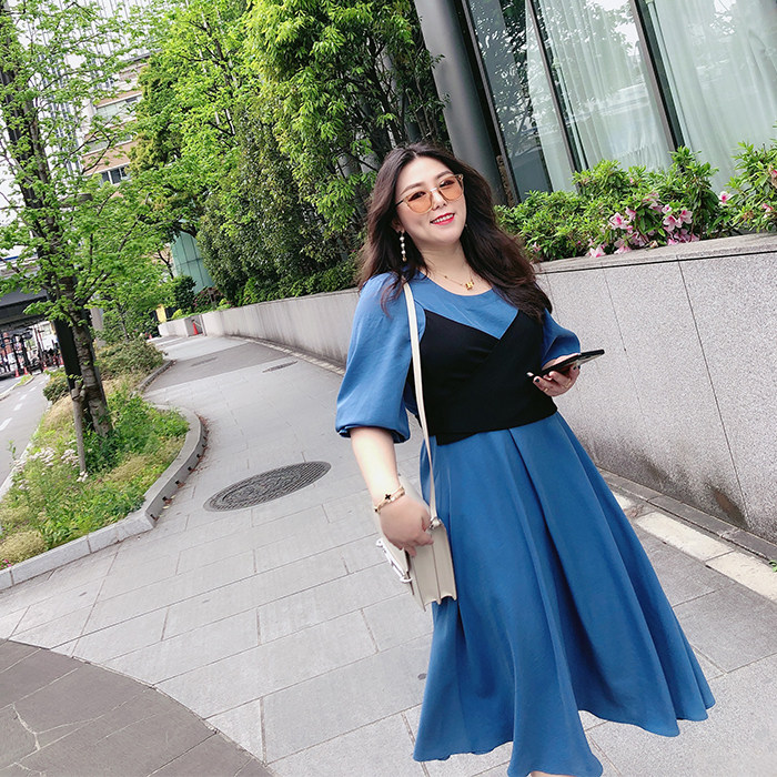 【8折清仓】戛纳大码女微胖新款潮夏季假两件连衣裙拼接长裙微胖