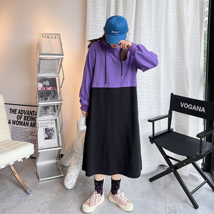 【6折清仓】大码原创宽松休闲连帽连衣裙懒人onepiece撞色卫衣裙