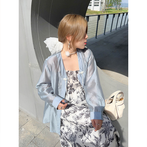 vogana戛纳家大码原创改良汉服防晒衫女夏新国风手工盘扣天丝衬衫