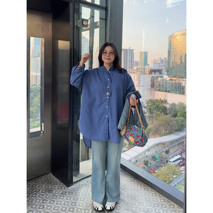 VOGANA戛纳家大码女装日系慵懒衬衣休闲随性条纹衬衫舒适棉感上衣