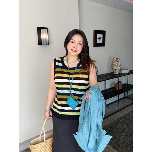 VOGANA戛纳家大码女装夏日彩虹条纹打底撞色宽松镂空薄款针织背心