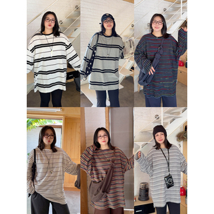 VOGANA戛纳家大码女装松弛秋日韩系减龄休闲随性条纹长袖棉t恤