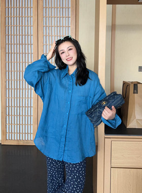 vogana戛纳家大码女装胖mm休闲宽松衬衣2026秋新款纯色苎麻衬衫